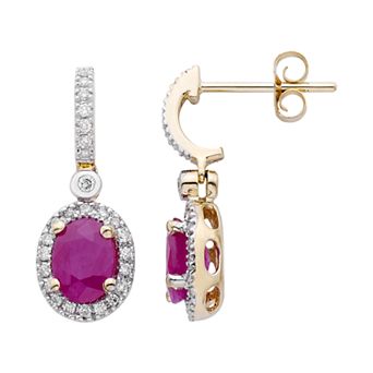 The Regal Collection 14k Gold 1/4 Carat T.W. Diamond & Ruby Oval Drop Earrings