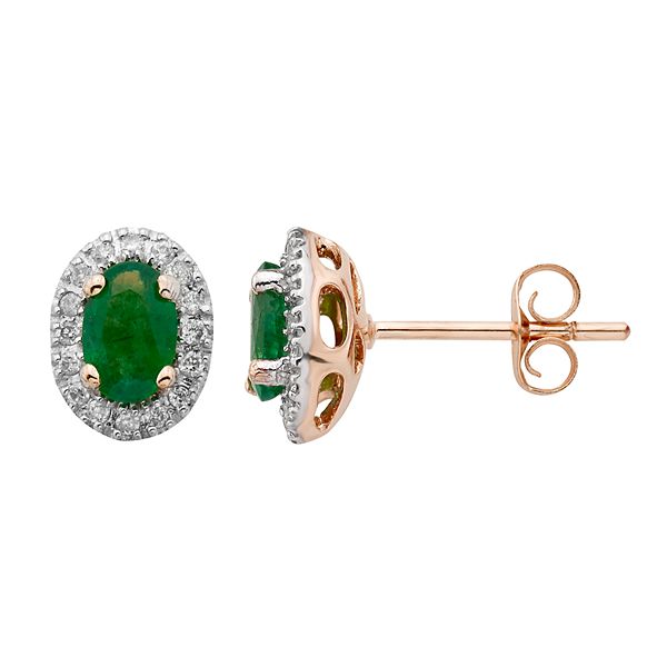 14k Rose Gold 1/6 Carat T.W. IGL Certified Diamond & Emerald Oval Earrings