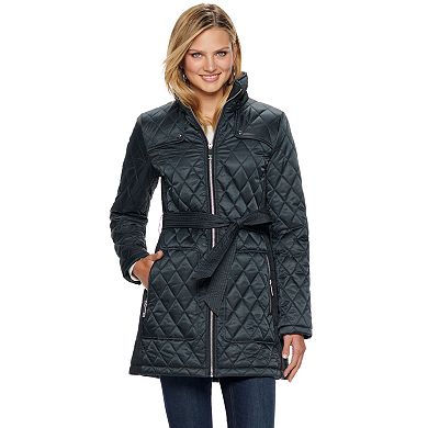 Women's Nine West Hooded Diamond-Quilted Belted Jacket