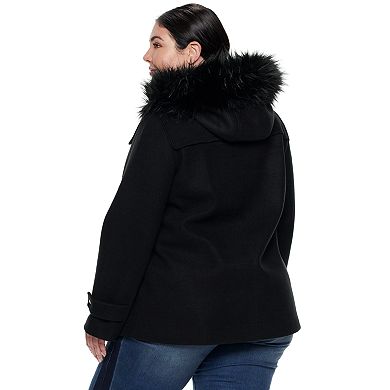 Plus Size Nine West Hooded Faux-Fur Trim Toggle Coat