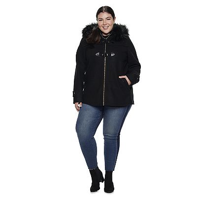 Plus Size Nine West Hooded Faux-Fur Trim Toggle Coat