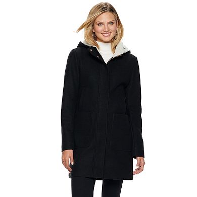 Women's Nine West Hooded Faux-Fur Trim Wool Blend Coat