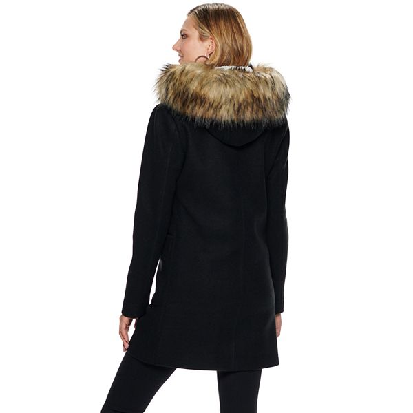 Women's Nine West Hooded Faux-Fur Trim Wool Blend Coat
