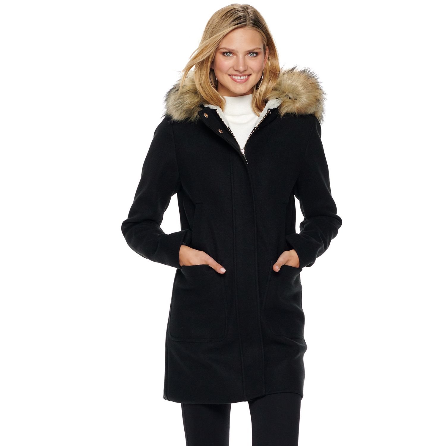 black faux fur hooded coat