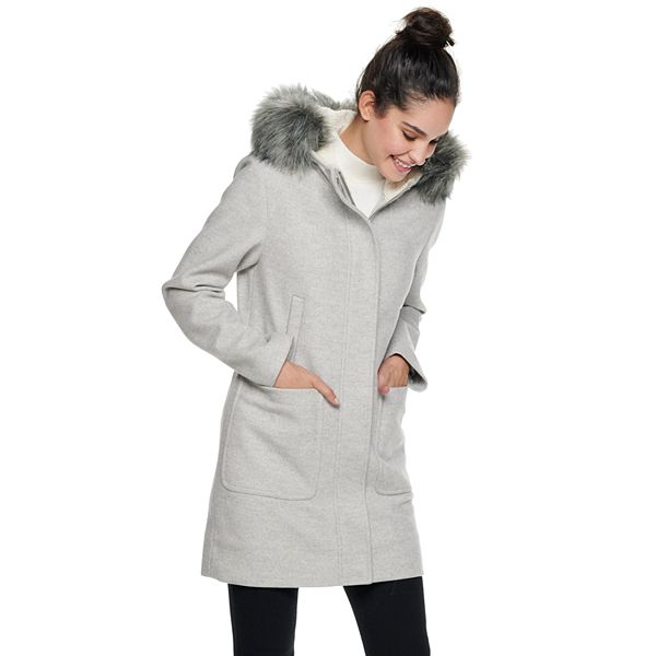 Hooded Faux Fur Trim Wool Blend Coat, Long Wool Coat With Fur Trimmed Hood