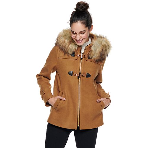 Women's Nine West Hooded Faux-Fur Trim Toggle Coat