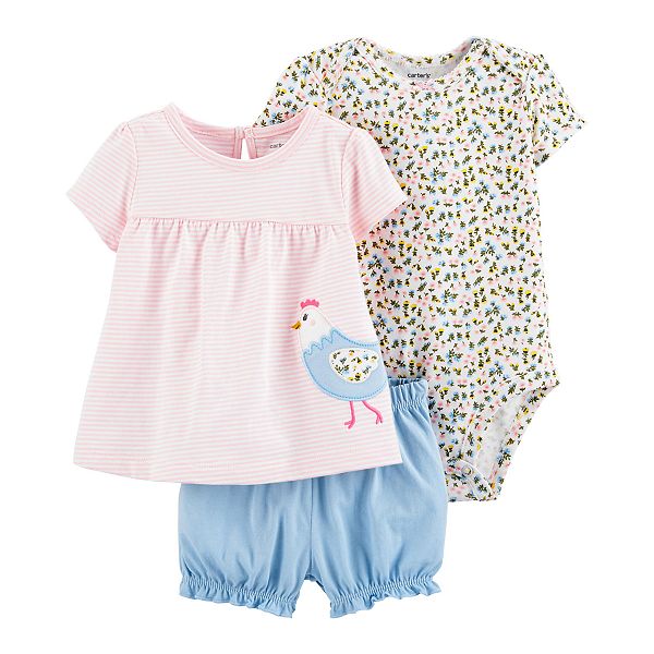 Baby Girl Carter's 3-piece Chicken Top, Bodysuit And Little Shorts Set