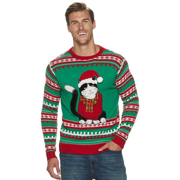 Men's Crew Neck Christmas Cable Sweater Cat Pullover