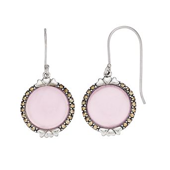 Tori Hill Sterling Silver Pink Glass & Marcasite Circle Dangle Earrings