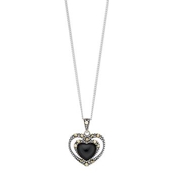 Tori Hill Sterling Silver Onyx & Marcasite Heart Pendant