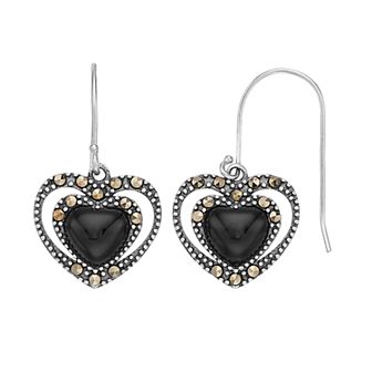 Tori Hill Sterling Silver Onyx & Marcasite Heart Drop Earrings