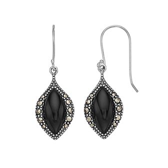 Tori Hill Sterling Silver Onyx & Marcasite Marquise Dangle Earrings