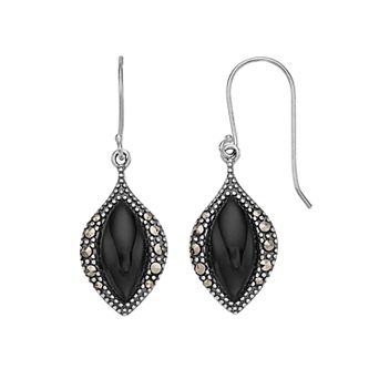 Tori Hill Sterling Silver Onyx & Marcasite Marquise Dangle Earrings