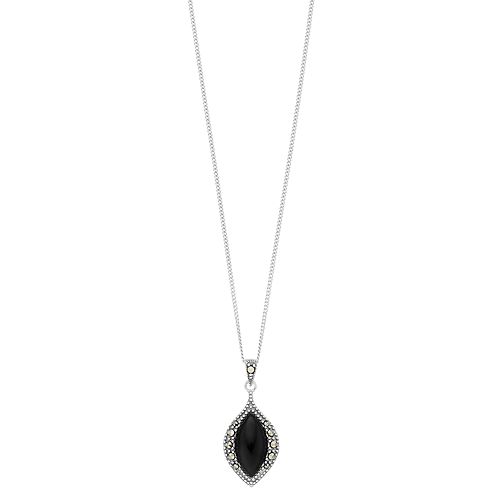 Tori Hill Sterling Silver Onyx & Marcasite Marquise Pendant