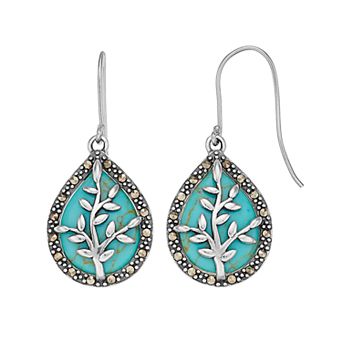 Tori Hill Sterling Silver Simulated Turquoise & Marcasite Tree Dangle Earrings