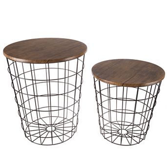 Lavish Home Round Metal Basket Storage Nesting End Tables