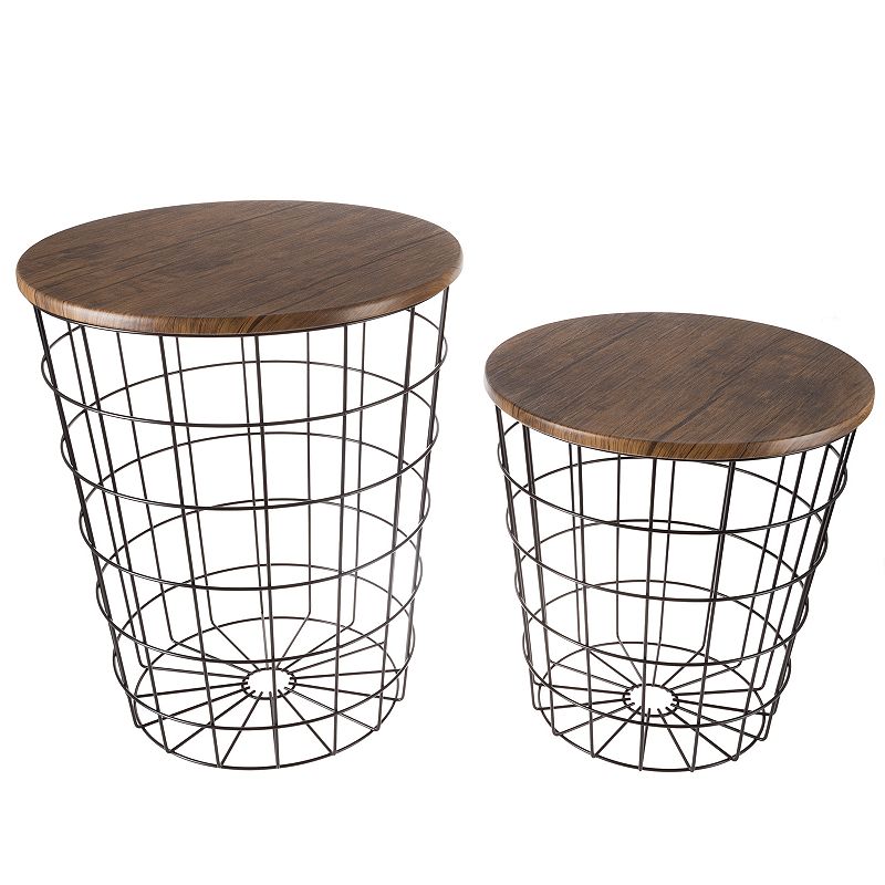 Lavish Home Round Metal Basket Storage Nesting End Tables, Grey