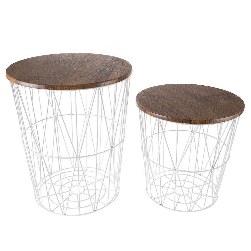 Lavish Home Round Metal Basket Storage Nesting End Tables, White