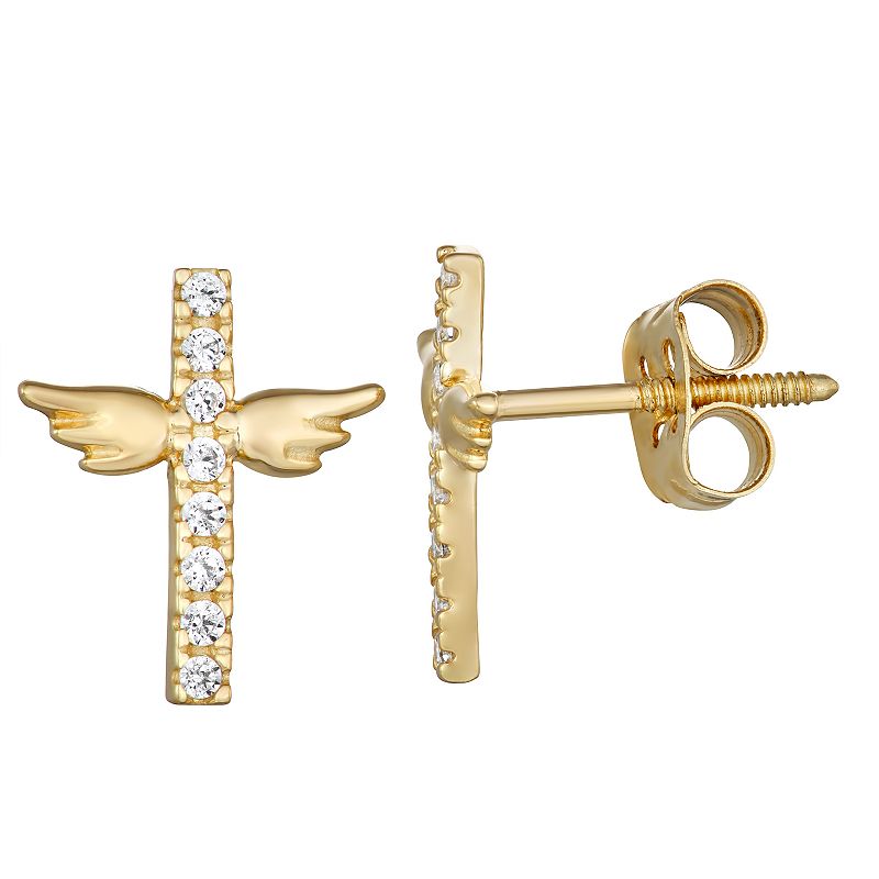 Charming Girl 14K Gold Cubic Zirconia Winged Cross Stud Earring, Girls, Wh