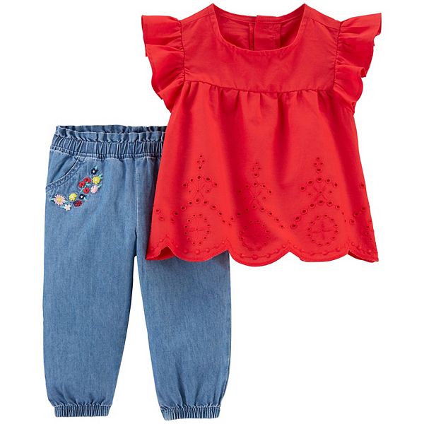 Baby Girl Carter's FlutterSleeve Top & Chambray Pant Set