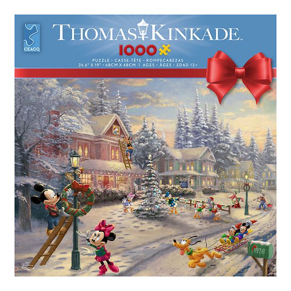 Lot of 2 DISNEY Thomas KINKADE Mickey Minnie Christmas 1000 Pc Jigsaw Puzzles 