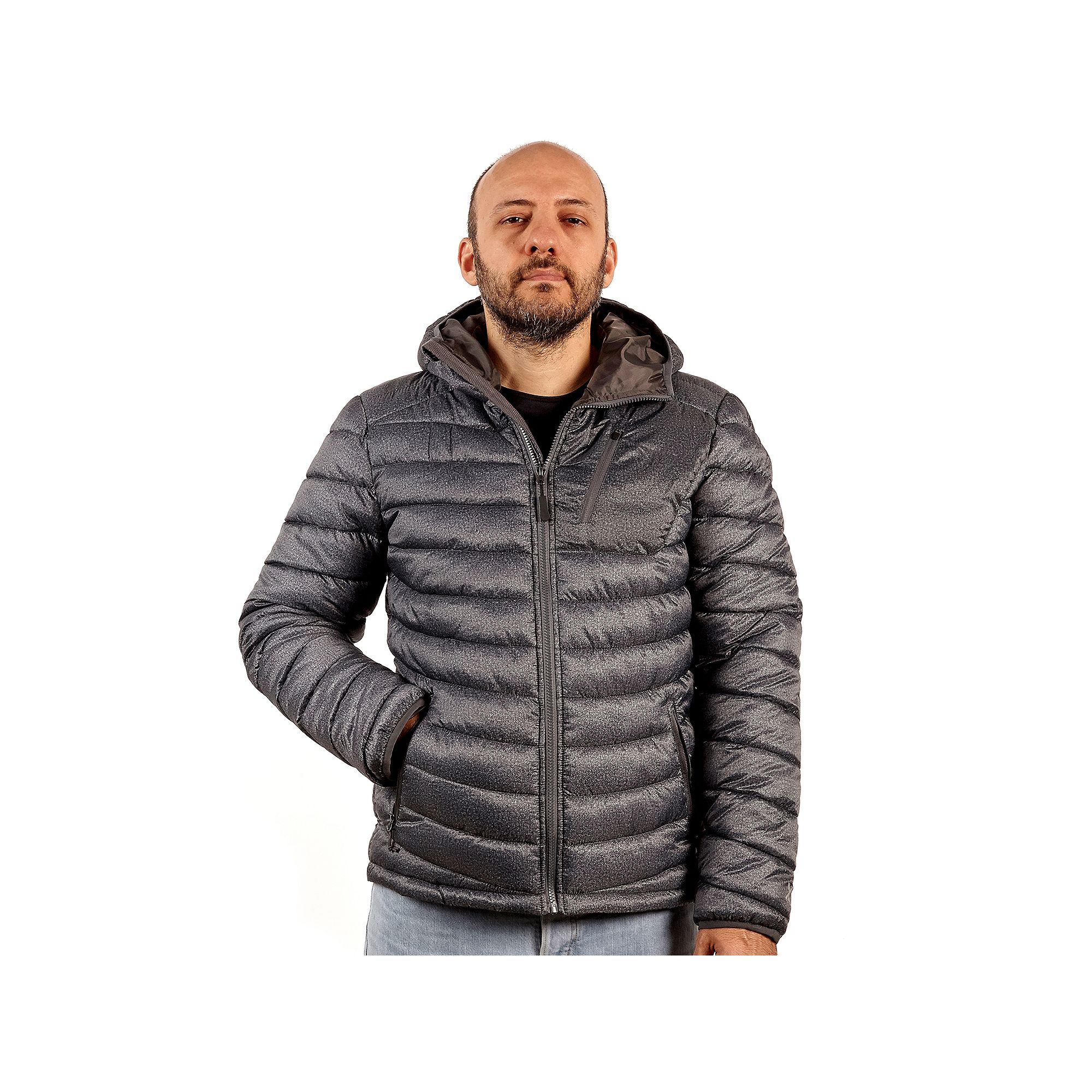 Mens Excelled Insulated Hooded Puffer Jacket, Size: Medium, Granite Grey