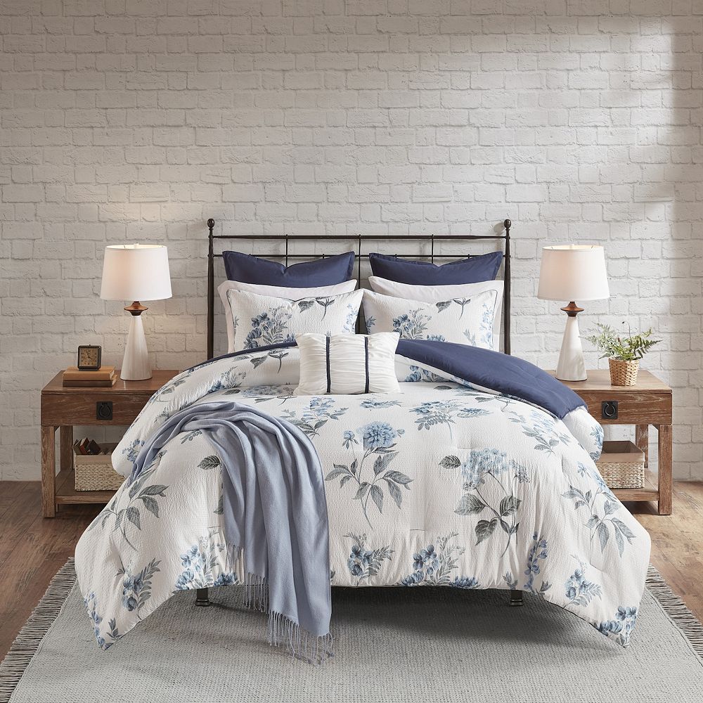Madison Park Monah 7-Piece Printed Seersucker Floral Comforter Set with Throw Blanket