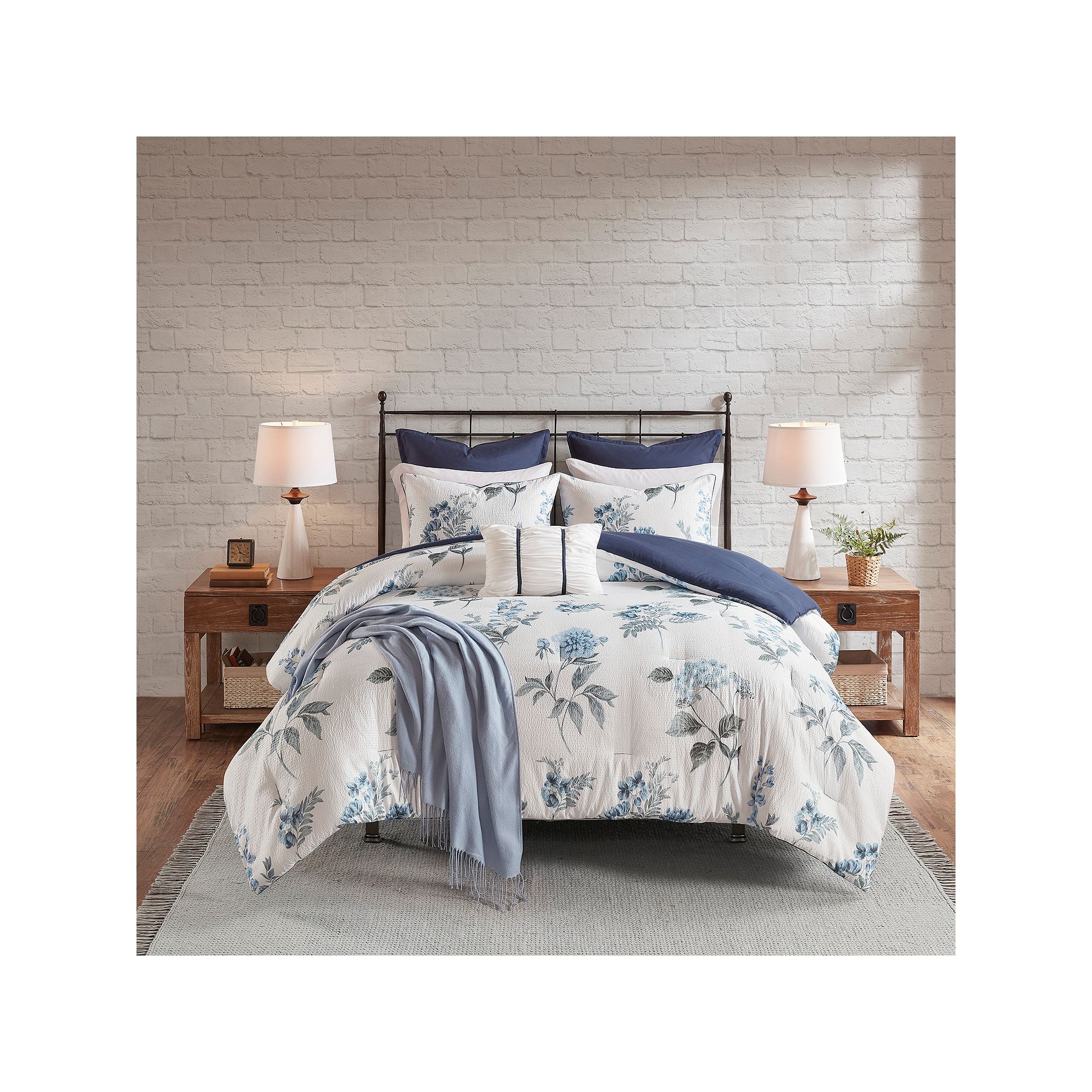 Madison Park Monah 7-Piece Printed Seersucker Floral Comforter Set with Thr