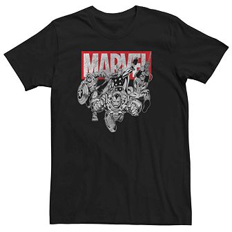 Men's Marvel Retro Avengers Black And White Action Poses Tee