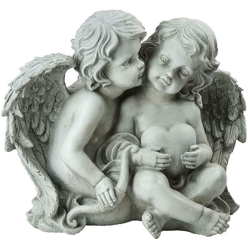 Cherub Angels Heart Bow Indoor / Outdoor Garden Statue Floor Decor, Grey