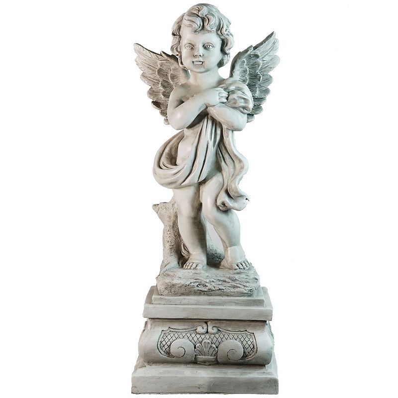 Cherub Angel Pedestal Indoor / Outdoor Garden Statue Floor Decor, Grey