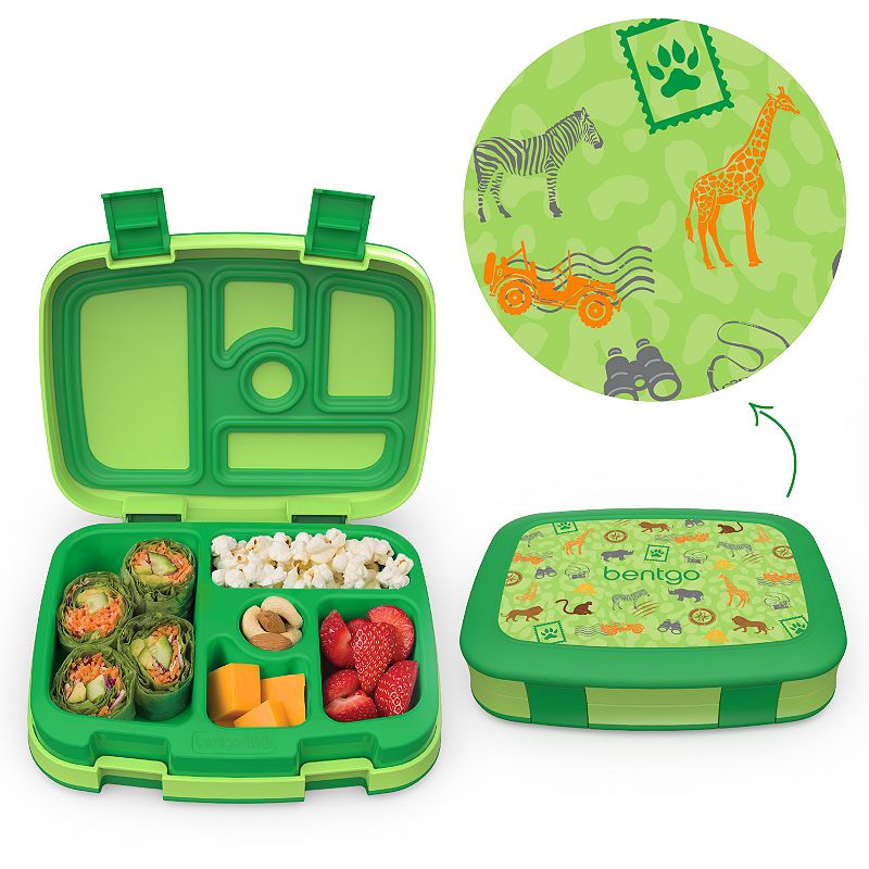 Bentgo Kids Prints Leak-Proof  5-Compartment Bento-Style Kids Lunch Box - BPA-Free  Dishwasher Safe  Food-Safe Materials (Safari)