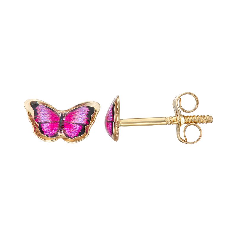 Charming Girl 14k Gold Enameled Pink Butterfly Stud Earring, Girls