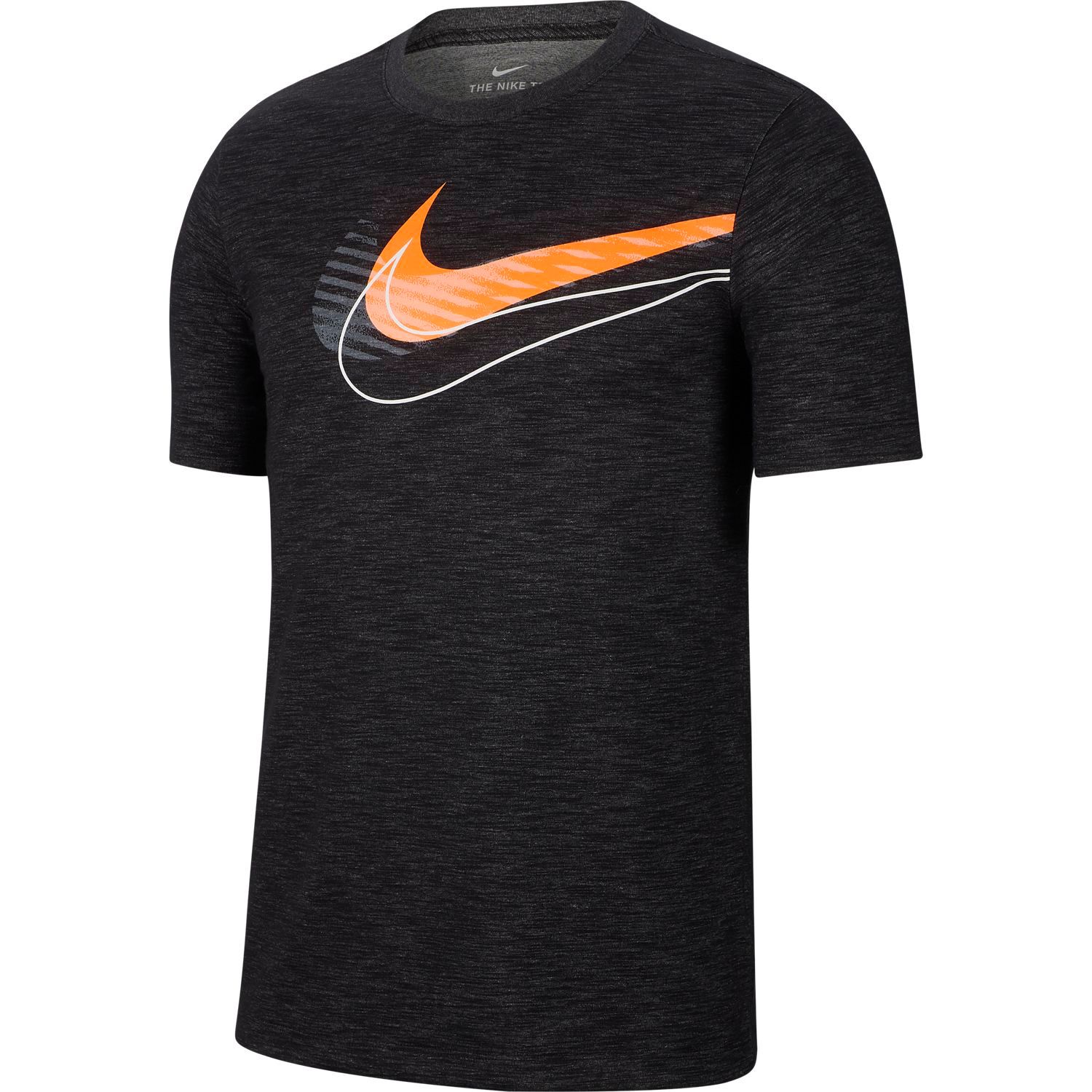 black nike shirt with orange swoosh