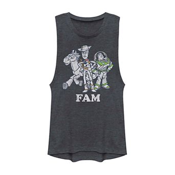 Juniors' Disney Pixar Toy Story Buzz Woody And Bullseye FAM Muscle Tank Top
