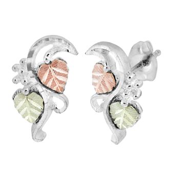 Black Hills Gold Tri-Tone Leaf Stud Earrings in Sterling Silver