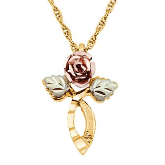 Black Hills Gold Tri-Tone Rose Cross Pendant Necklace