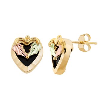Black Hills Gold Tri-Tone Onyx Heart Stud Earrings