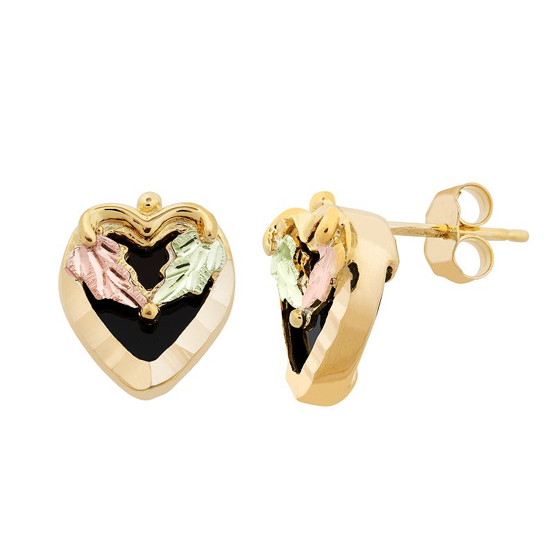 Black Hills Gold Tri-Tone Onyx Heart Stud Earrings, Womens