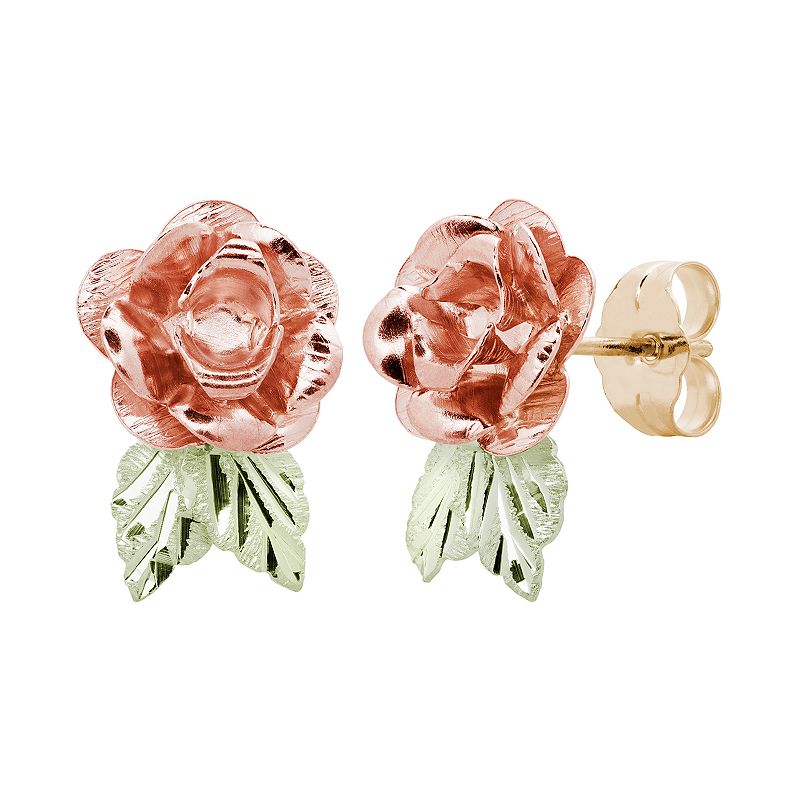Black Hills Gold Tri-Tone Rose Stud Earrings, Womens, Pink