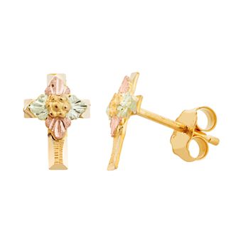 Black Hills Gold Tri-Tone Cross Stud Earrings