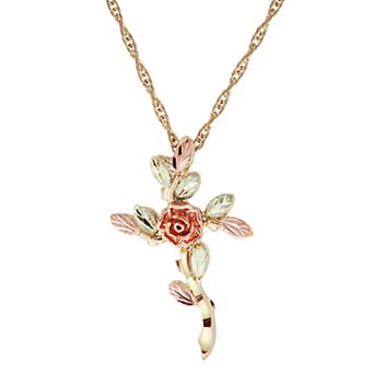 Black Hills Gold Tri-Tone Rose Cross Pendant Necklace
