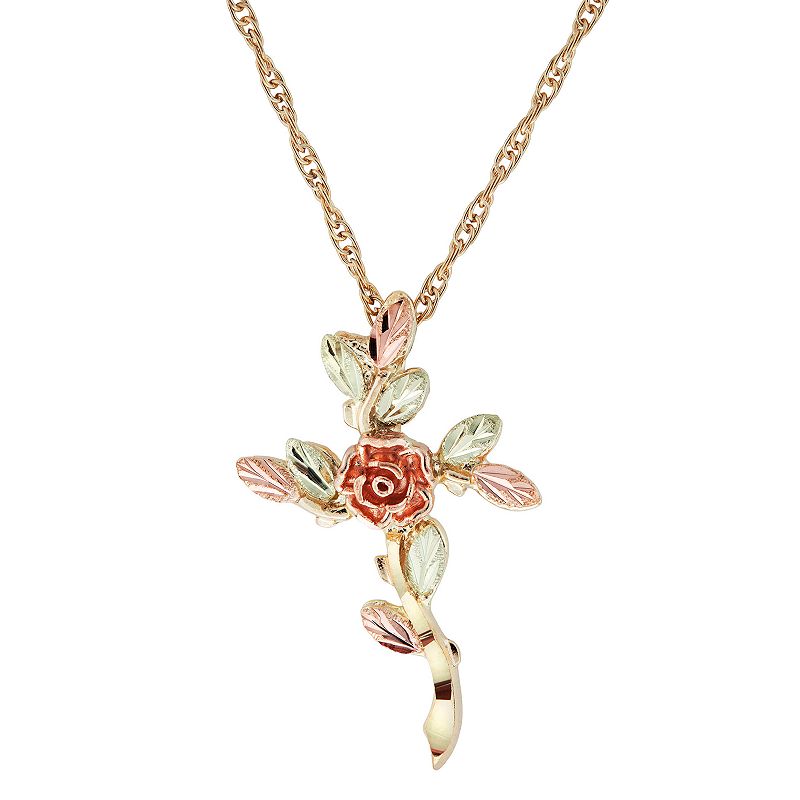 Black Hills Gold Tri-Tone Rose Cross Pendant Necklace, Womens, Size: 18