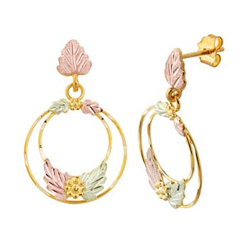Black Hills Gold Tri-Tone Hoop Drop Earrings