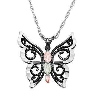 Black Hills Gold Tri-Tone Butterfly Pendant Necklace in Sterling Silver