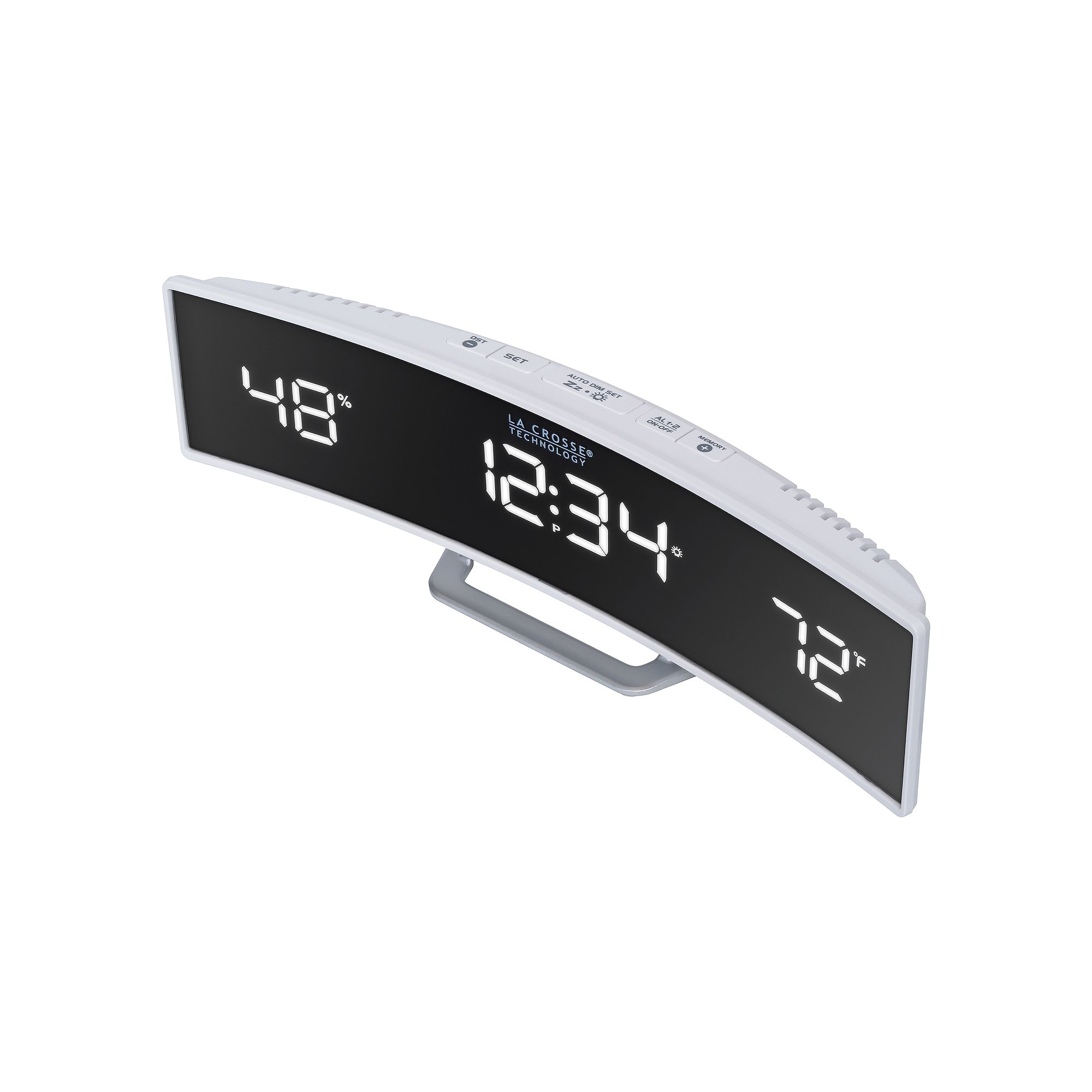 La Crosse Technology Curved Alarm Clock with Mirrored LED Lens Display, Whi