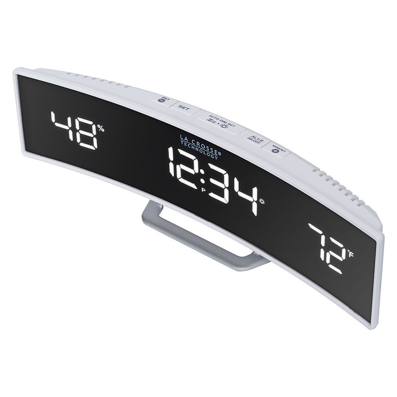 La Crosse Technology Curved Alarm Clock with Mirrored LED Lens Display, White