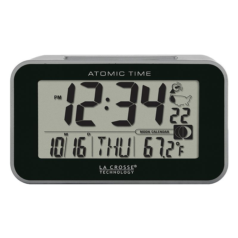 La Crosse Technology Atomic Digital Alarm Clock with Temp & Moon Phase, Sil
