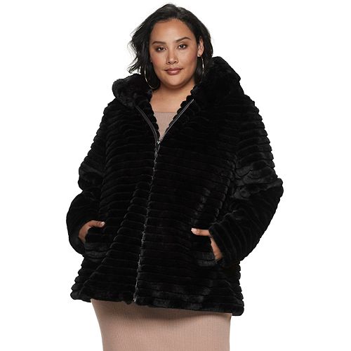 Plus Size Gallery Textured Hood Faux-Fur Jacket