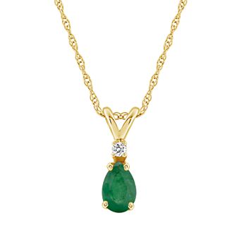 Celebration Gems 14K Yellow Gold Pear-Shaped Emerald & Diamond Accent Pendant Necklace